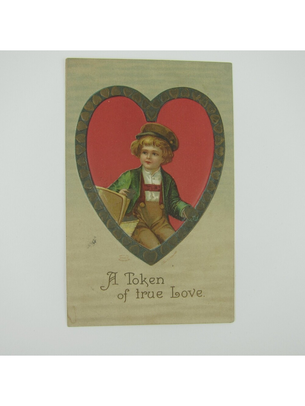 Valentine Postcard German Boy Hat Red Heart Ellen Clapsaddle Embossed Antique